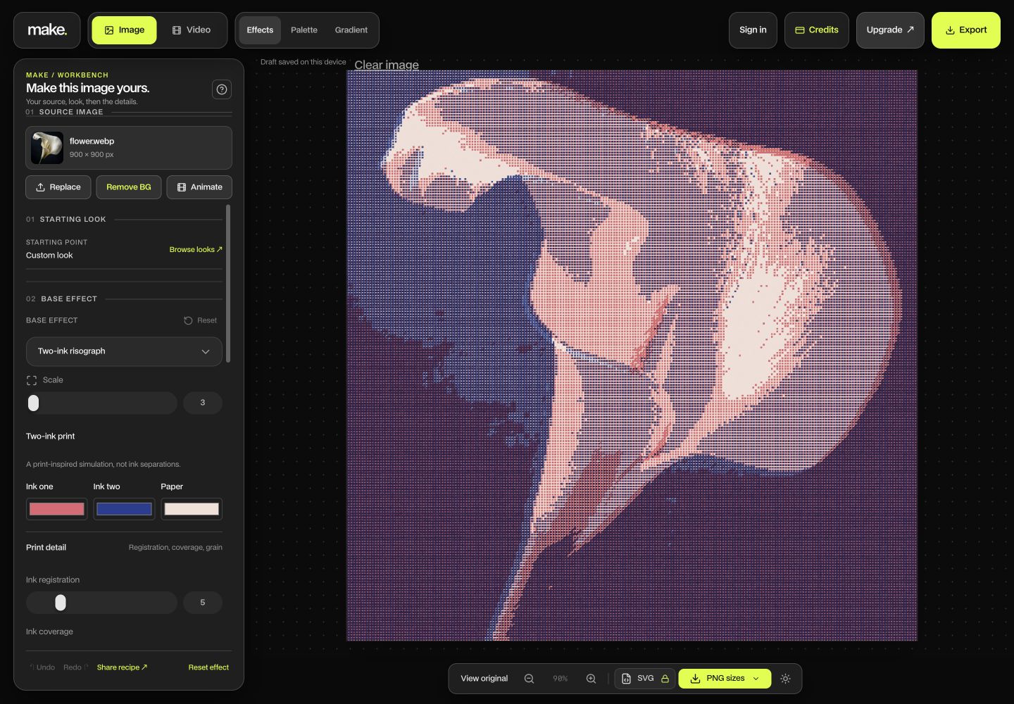 The redesigned MAKE image editor with a clear workspace, grouped tools and visible account and export actions