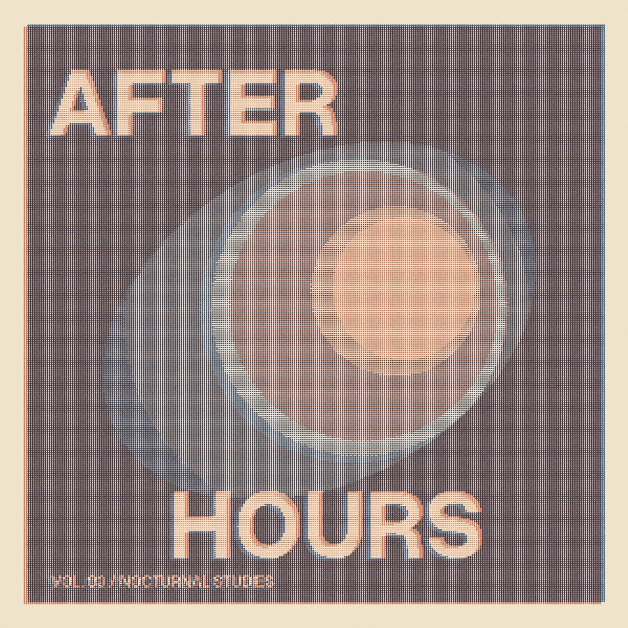 A dark orbital composition with oversized lettering and coral-blue ink.