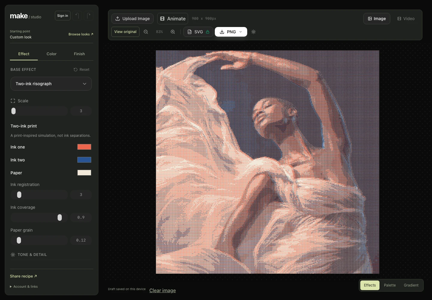 The MAKE editor with artwork on the canvas and effect controls